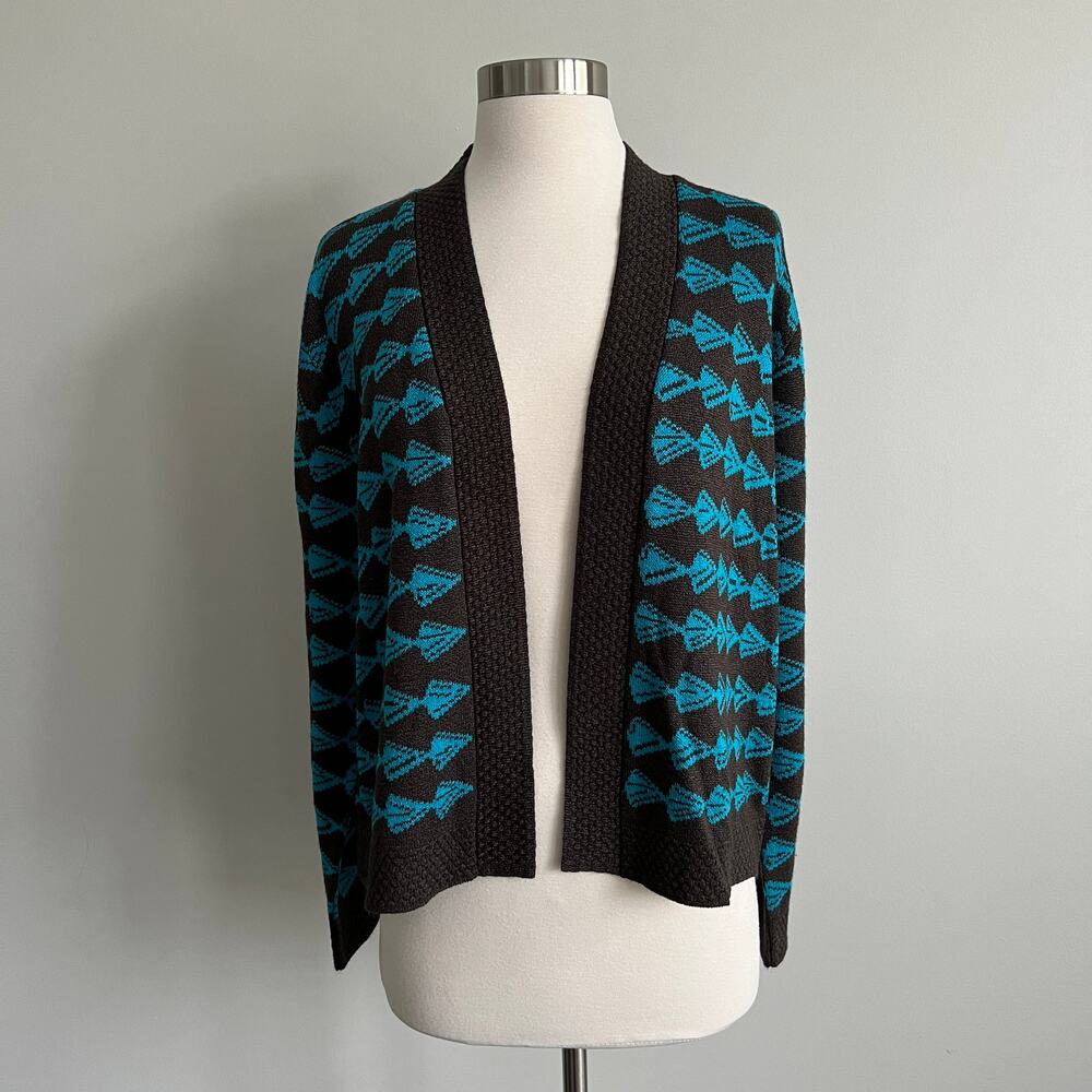 San Remo Knits Open Sweater Cardigan Charcoal Grey Blue Geo Large